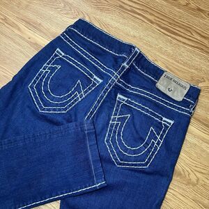 True Religion Rocco Super T Jeans Mens 32x29 Blue Denim Button Fly Thick Stitch